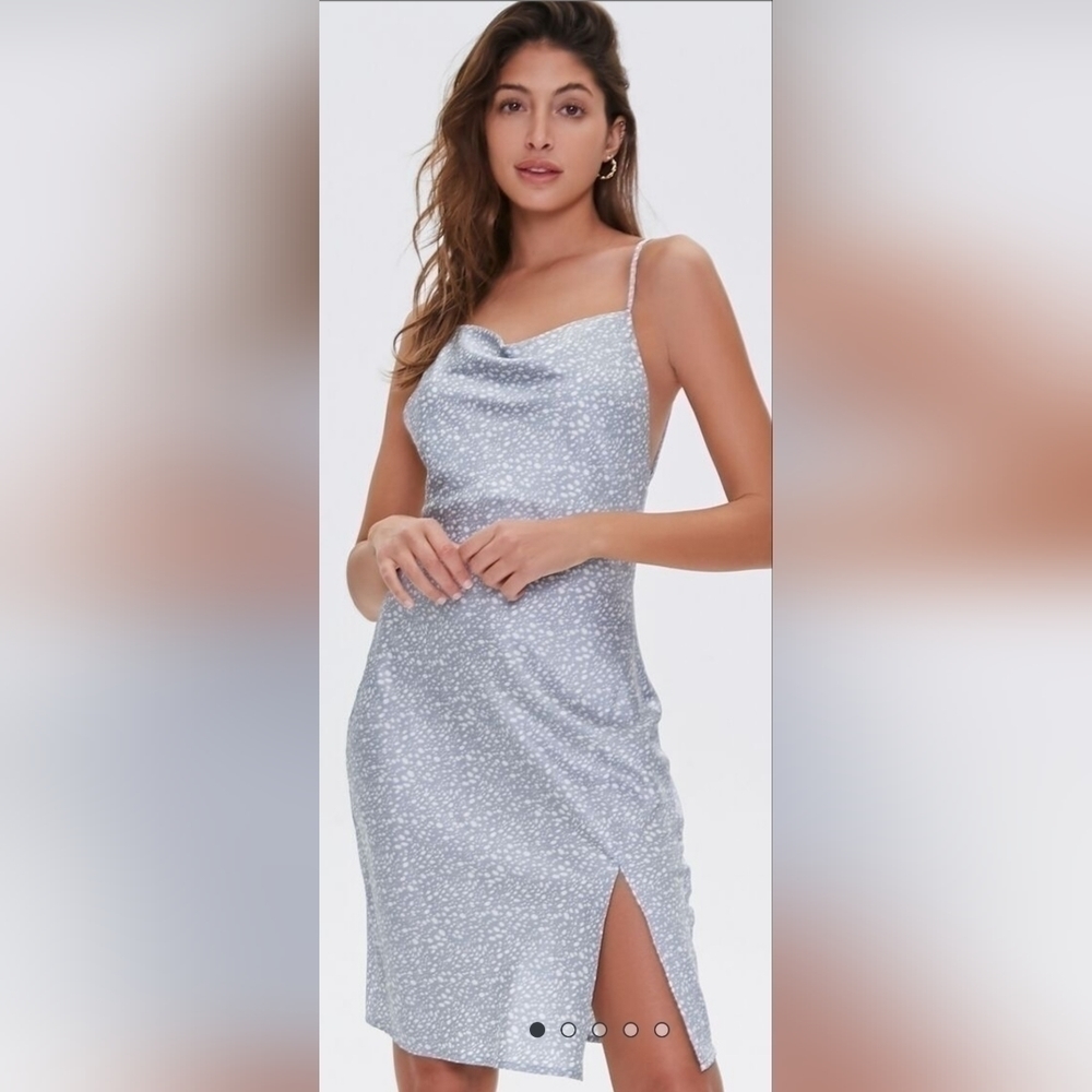 F21 Light Blue Satin Spotted Print Dress